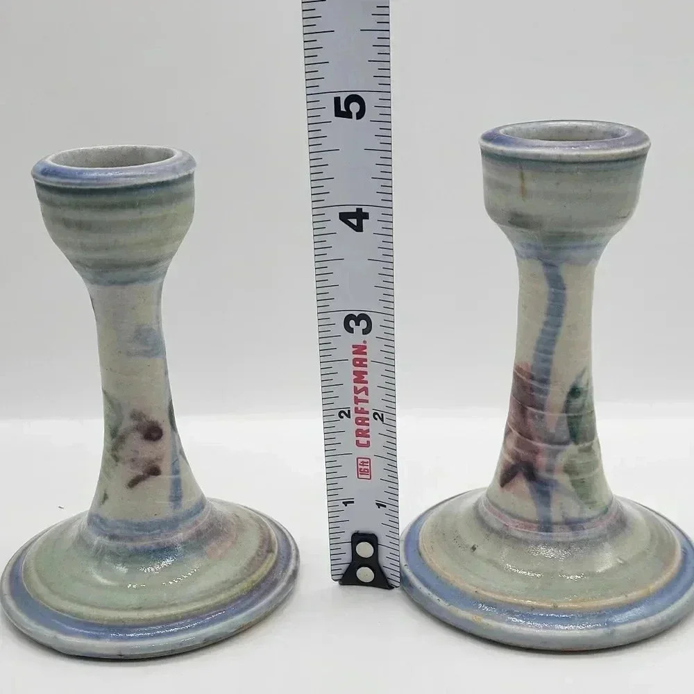 Set of Two Pottery Candle Holder ,Signed Earthy Colors Light Blue Green - Picture 5 of 7